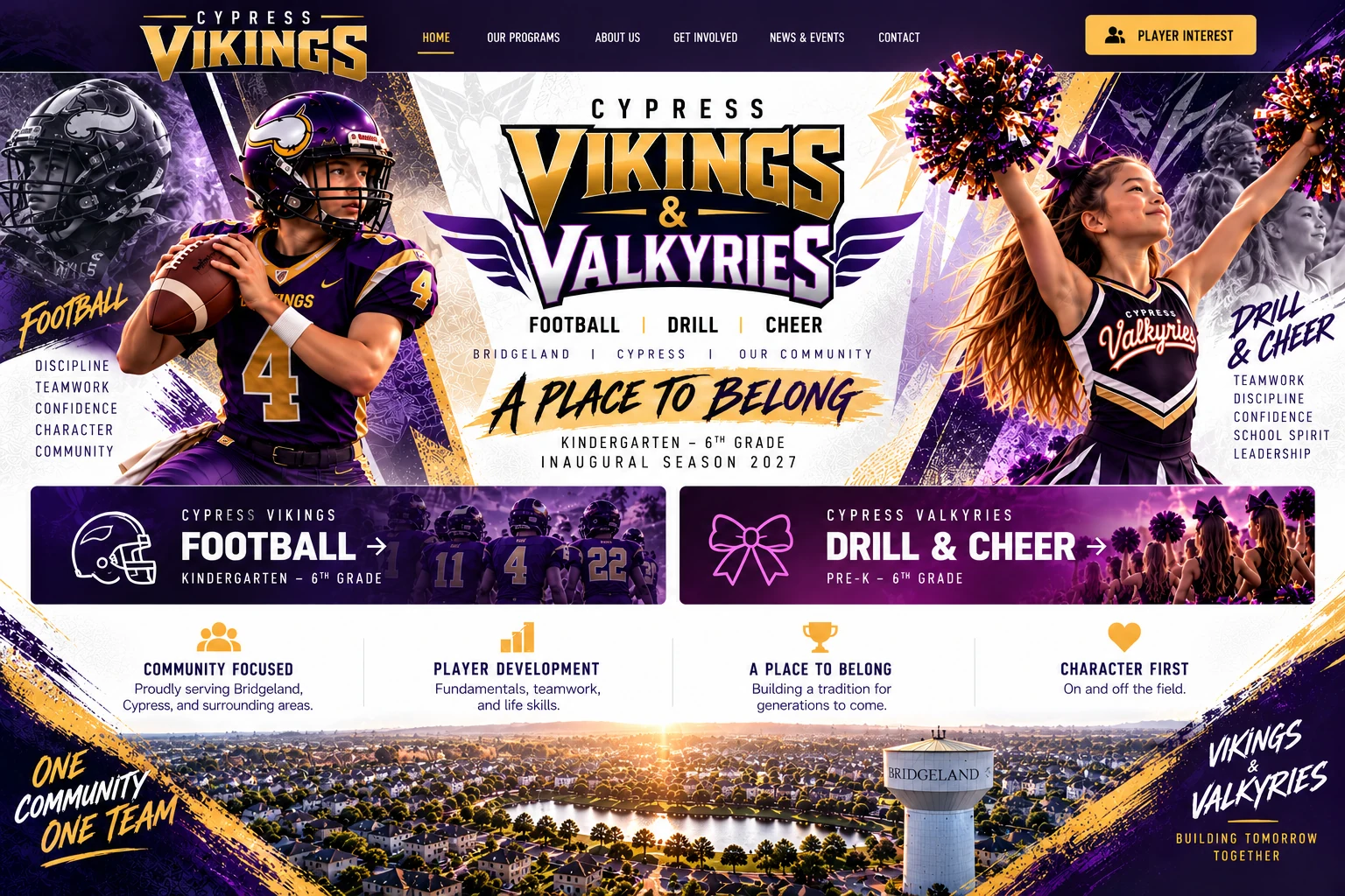 Cypress Vikings and Valkyries Option 4 homepage featuring quarterback number 4, cheerleaders, football and drill programs, and the Bridgeland community